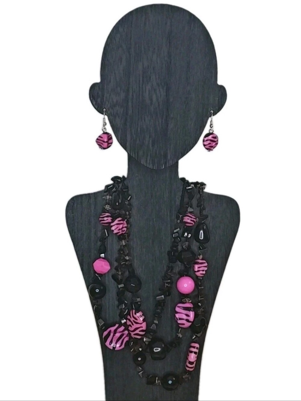Artisan Triple Strand Necklace Earring Glass Stones Purple Black Zebra Striped